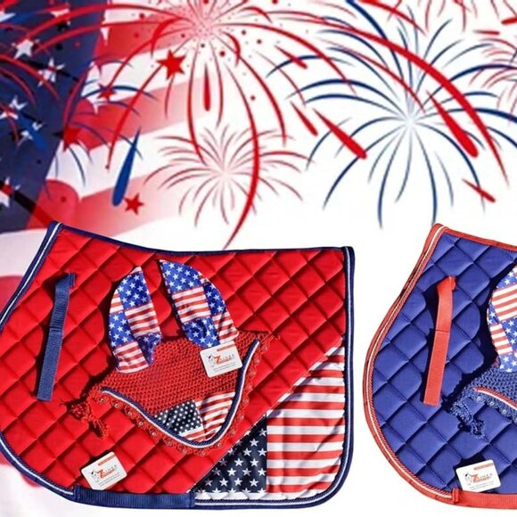 USA White Flag Saddle Pad Set with Matching Ear Bonnet – Print Horse Riding Gear - Picture 4 of 7